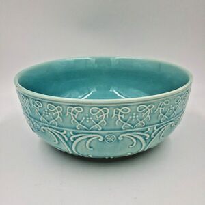 Embossed Turquoise Vegetable Serving Bowl Stoneware Zazen by Home 10 inch Round